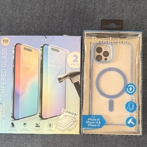 New Blue iPhone 15-14-14 Case with Tempered Glass Screen Protector both together